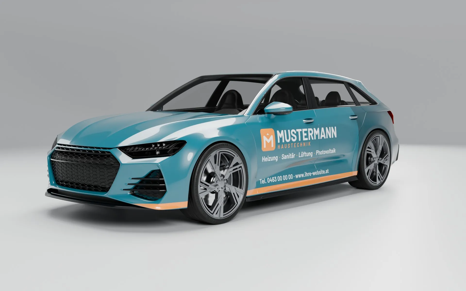 Kombi der Musterfirma schräg von vorne, mit Vollfolierung: das ganze Auto in neuer Farbe und Gestaltung