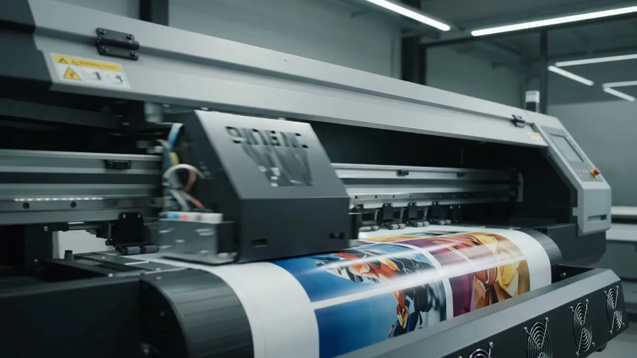 Unser Großformatdrucker druckt eine farbige Bahn