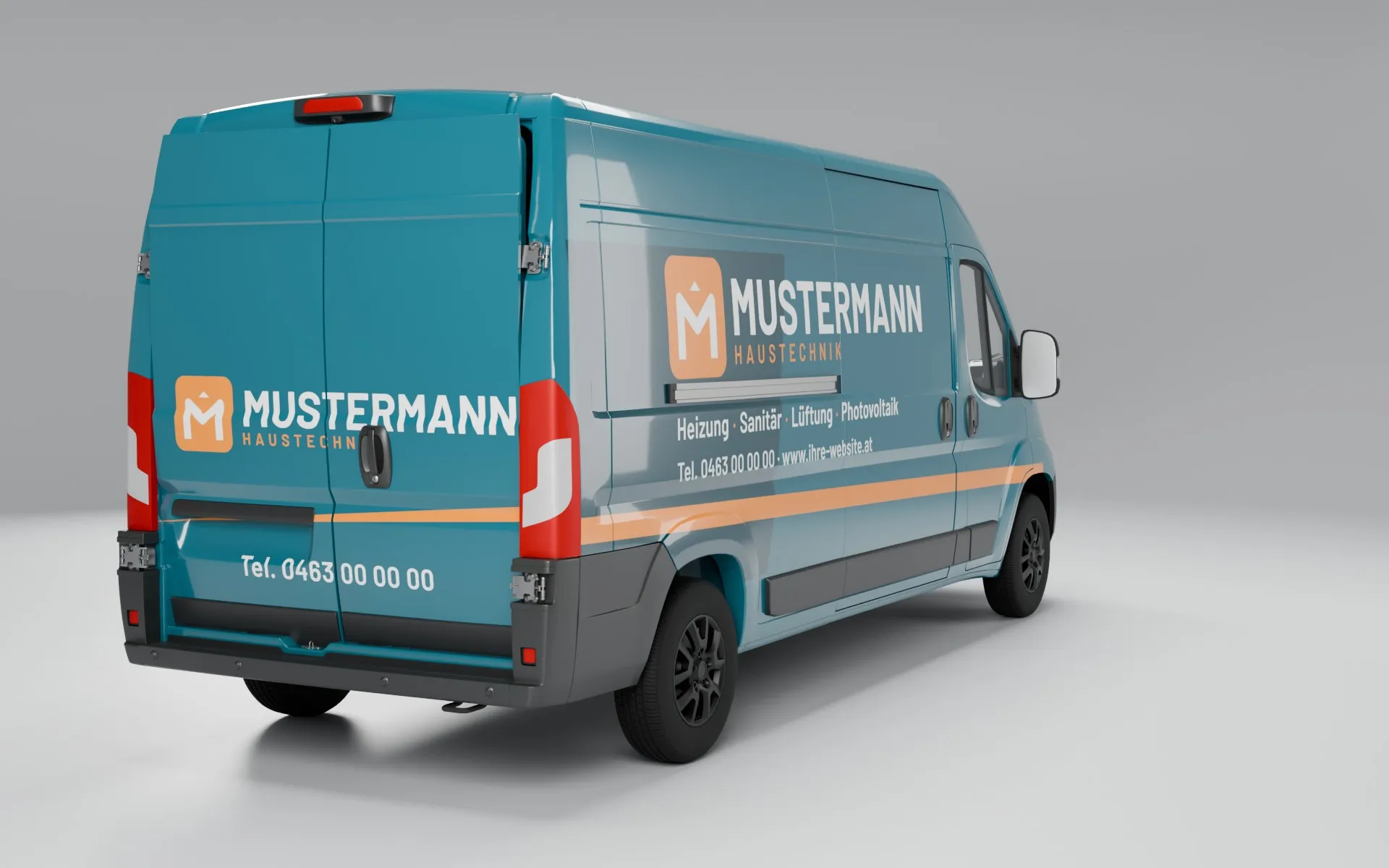 Transporter der Musterfirma schräg von hinten, mit Vollfolierung: das ganze Auto in neuer Farbe und Gestaltung